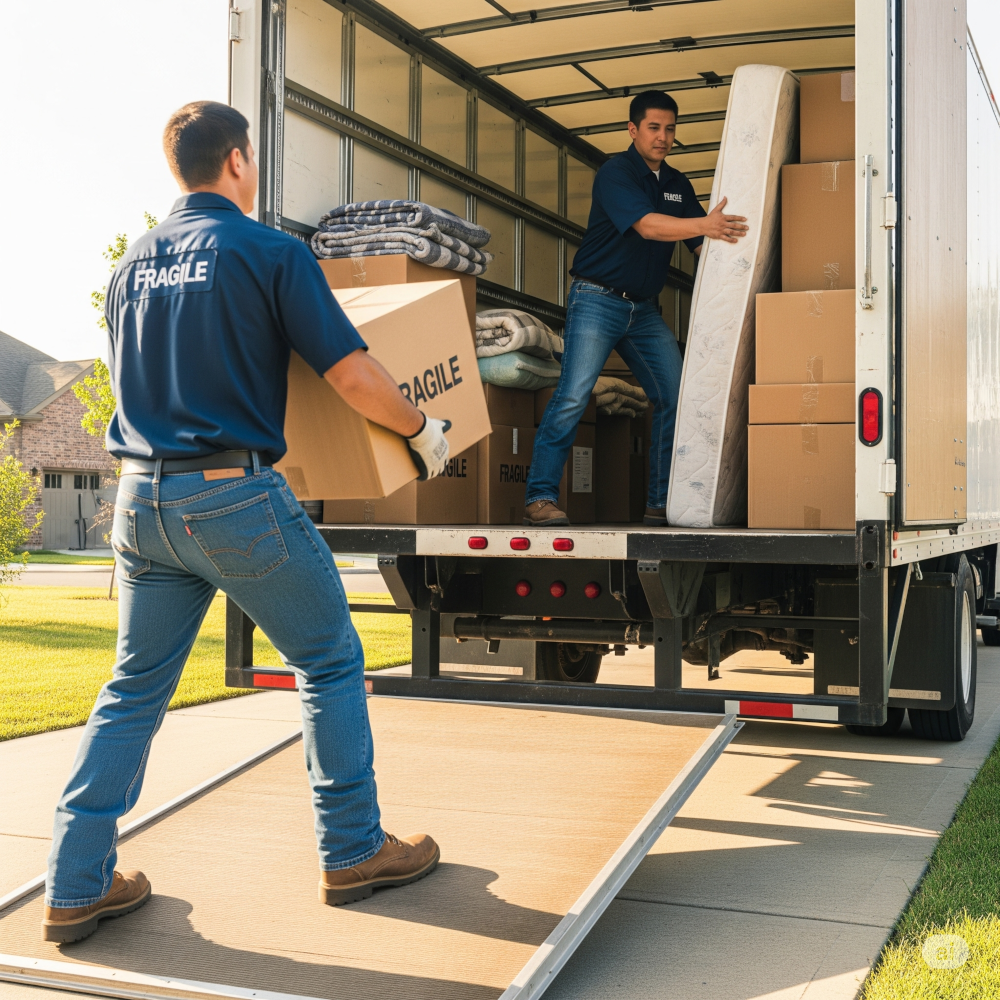 Two movers packing a moving truck